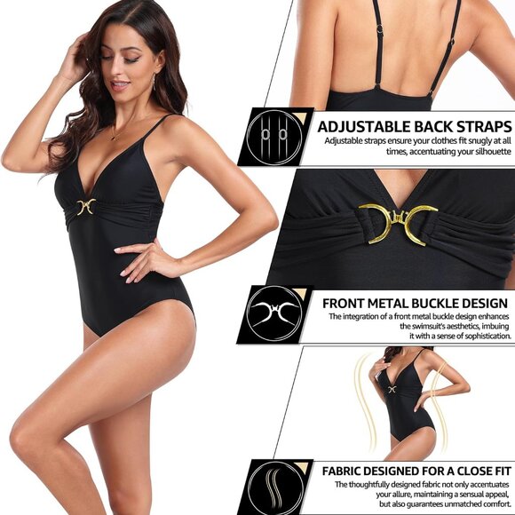 Women One Piece Swimsuits V Neck Tummy‎ Control Bathing Suits Modest - Picture 3 of 6